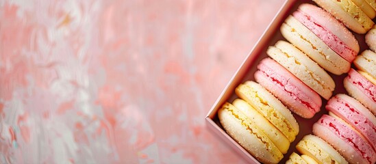 Poster - A row of pastel pink and yellow almond cookies in a gift box captured in a close up top view on a bright background showcasing a vintage style with copy space image