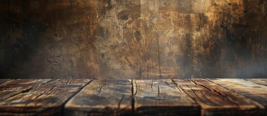 Sticker - Weathered scratched and dirty an old brown wooden table and wall create a rustic timber background panorama banner with ample copy space image