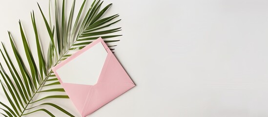 Aufkleber - Minimal flat lay composition featuring a pink envelope a blank white card and a palm leaf on a white backdrop Top view mockup with copy space image
