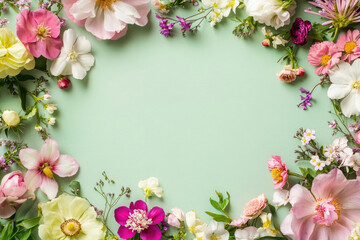 Aufkleber - A frame of vibrant flowers on a pastel green background, ideal for holiday greeting cards.