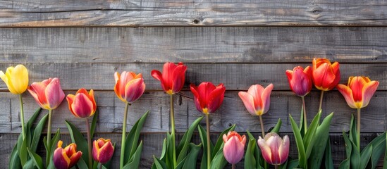 Aufkleber - Tulips bloom in spring on a wooden backdrop representing gardening ideas with copy space image