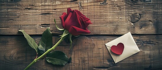 Aufkleber - Love concept for Valentine s Day illustrated with a red rose heart shaped note on wood background ideal for a copy space image