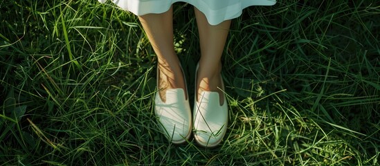 Sticker - A female s legs in white shoes with a backdrop of green grass creating copy space for an image