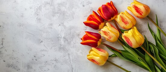 Fototapete - Red and yellow tulip bouquet on a white table top view suitable for mock up designs with copy space image