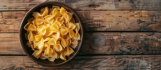 Poster - Uncooked pasta in a pan on a rustic wooden backdrop showcasing a copy space image
