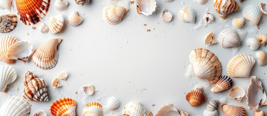 Sticker - Seashells scattered around a white frame on a white backdrop with a vacant copy space image within