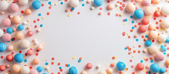 Poster - White frame surrounded by various colored small balls with space for text or images Copy space image