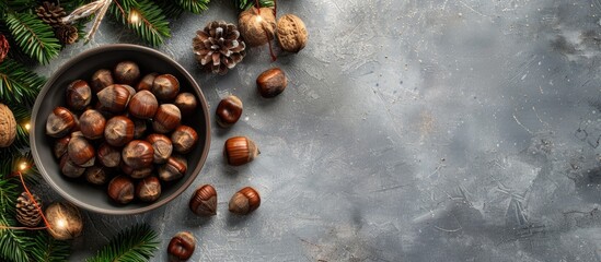 Aufkleber - Flat lay of scrumptious roasted chestnuts on a grey tabletop with copy space image available
