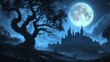 © Denys - Gnarled tree guarding path to gothic castle under full moon