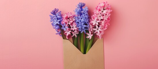 Poster - Mockup of a greeting card featuring a spring hyacinth bouquet with an envelope set against a pretty pink paper background providing ample space for text or design