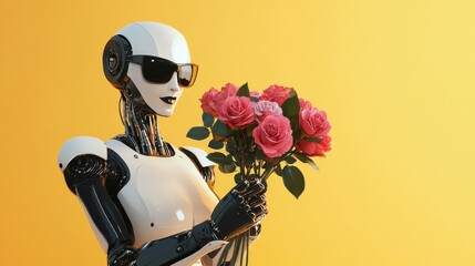 Canvas Print - Robot holding bouquet of flowers on yellow background