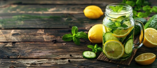 Aufkleber - Glass jar on wooden surface with lemonade garnished with lemon and cucumber all against a background suitable for adding text or copy space image