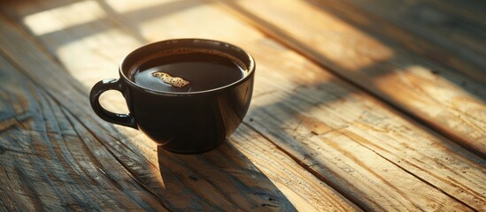 Poster - Morning sunlight illuminates a black coffee cup on a wooden table creating a serene copy space image