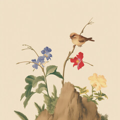 Wall Mural - there is a bird sitting on a branch with flowers in the background