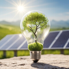 Eco-friendly light bulb with a blooming miniature green world inside,symbolizing sustainable energy and environmental protection