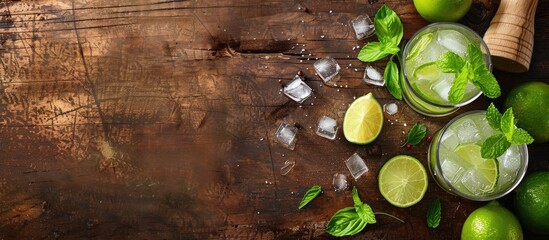 Aufkleber - Rustic wooden background with a Mojito cocktail and its ingredients leaving room for copy space image
