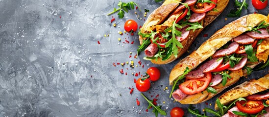 Aufkleber - Sandwiches with boiled sausage tomato cheese and arugula on a grey table with a copy space image