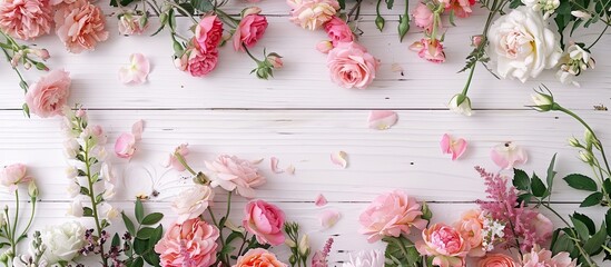 Poster - Flowers displayed on a white wooden backdrop with copy space image available