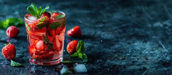 Aufkleber - Refreshingly summer strawberry lemonade drink with fresh berries and mint on a dark backdrop with available copy space image