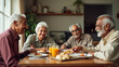 © Immersive Dimension - Happy Senior Group Of Indian Pensioner Friends Smiling And Having Breakfast Together At Family Home