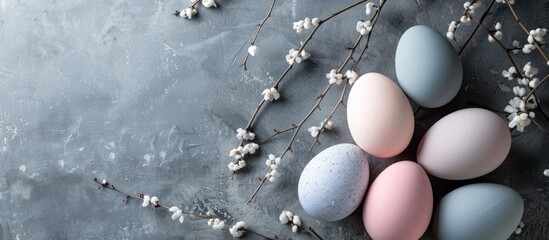 Aufkleber - Trendy pastel colored Easter eggs on a gray backdrop with a modern copy space image