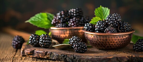 Wall Mural - Fresh blackberries with leaves arranged in vintage copper dishes on rustic wooden boards with a spoon nearby against a dark backdrop in a copy space image