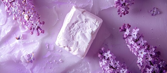 Aufkleber - Top view of a homemade marshmallow in violet color set against a background of lilac flowers and zephyr ideal for copy space image