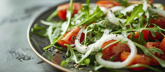 Aufkleber - Fresh arugula tomato and onion salad served on a plate as a meal or snack on a table with a background ideal for copy space image