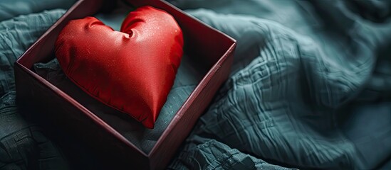 Poster - A red heart is showcased in a box against a dark fabric backdrop creating a Valentine s day theme with another heart in a copy space image