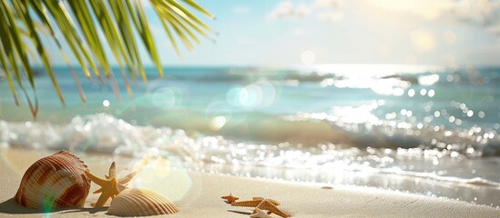 Wall Mural - Tropical beach vacation scene with palm leaves seashells and sparkling sea water under the sun perfect for a copy space image