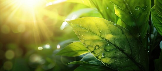 Fototapete - Focus on a green leaf in sunlight for a nature themed copy space image