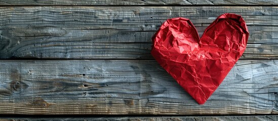 Leinwandbilder - Valentine s Day and romance concept with a red heart shaped paper on a wooden background showing love and intimacy in a copy space image