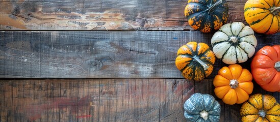 Fototapete - Seasonal decor featuring small decorative pumpkins arranged on a wooden surface with copy space image