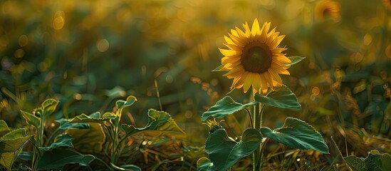 Fototapete - A single sunflower in a lush green summer field with selective focus ideal as a copy space image