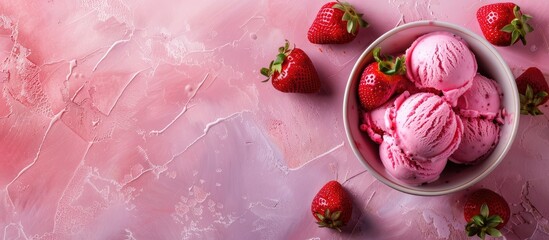 Poster - Top view of strawberry ice cream with a textured background perfect for design with copy space image