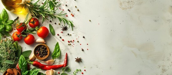 Aufkleber - Fresh herbs vegetables and spices arranged on a bright surface with blank space for an image. Creative banner. Copyspace image