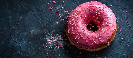 Poster - Top view of a pink frosted donut with a bite taken out set against a dark backdrop highlighting ample copy space image