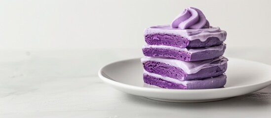 Canvas Print - Purple sweet potato wafer cream on a white plate with copy space image on a white background