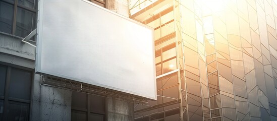 Poster - Sunny morning shows white ad banner on scaffold against building corner with space for template. Creative banner. Copyspace image