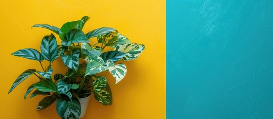 Aufkleber - Flat lay of a houseplant on a vibrant background with copy space image
