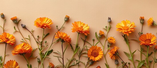 Fototapete - A light brown backdrop showcasing lovely calendula flowers in a flat lay composition with room for text in the copy space image
