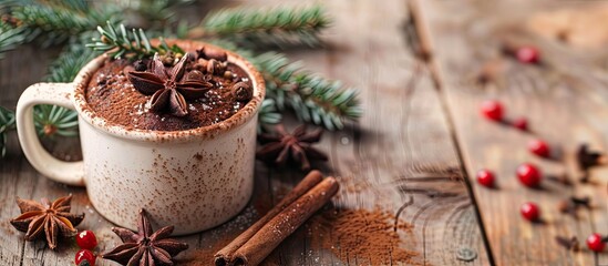 Poster - Quick Christmas breakfast idea A festive mug cake with traditional winter spices in a Christmassy setting with copy space image on a wooden background