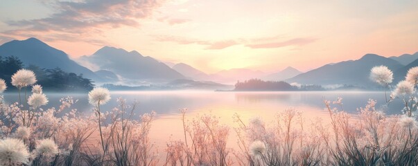 Canvas Print - Sunrise over tranquil mountain lake with cotton grass in foreground