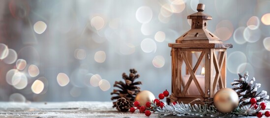 Aufkleber - Festive wooden Christmas lantern on a table with a light grey background perfect for a copy space image