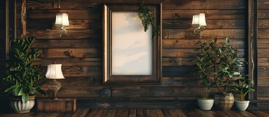Aufkleber - Interior design featuring a frame displayed on a wooden wall with a blank space for an image. Creative banner. Copyspace image