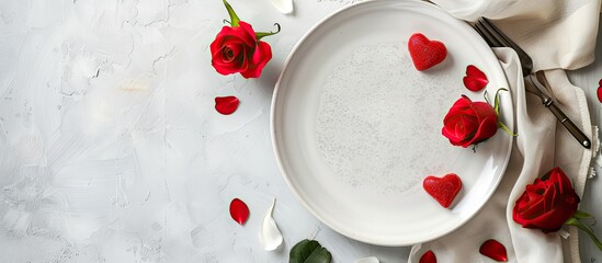 Poster - Romantic dinner concept shown on a light background with an empty plate styled as a flatlay for copy space image