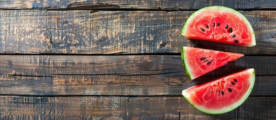 Poster - A sliced watermelon on rustic wood with copy space for designers