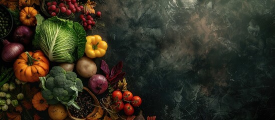 Poster - Top view of fresh autumn vegetables for cooking on a dark background with copy space image