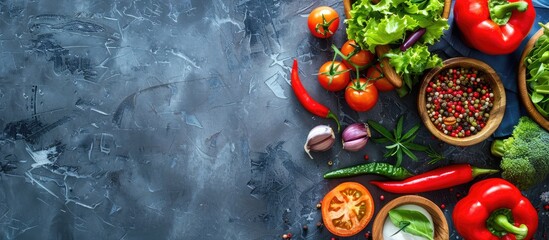 Wall Mural - Fresh ingredients for healthy cooking or salads on a rustic background top view banner with copy space image for text ideal for diet or vegetarian food themes