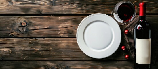 Aufkleber - A top down view of a table arrangement showing an empty plate wine glass and a red wine bottle on a rustic wooden table background with copy space image